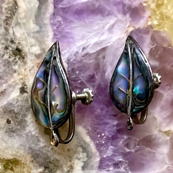 Jewelry - Art Deco 30’s Sterling Silver Abalone Leaf Earrings Antique Stamped Maker